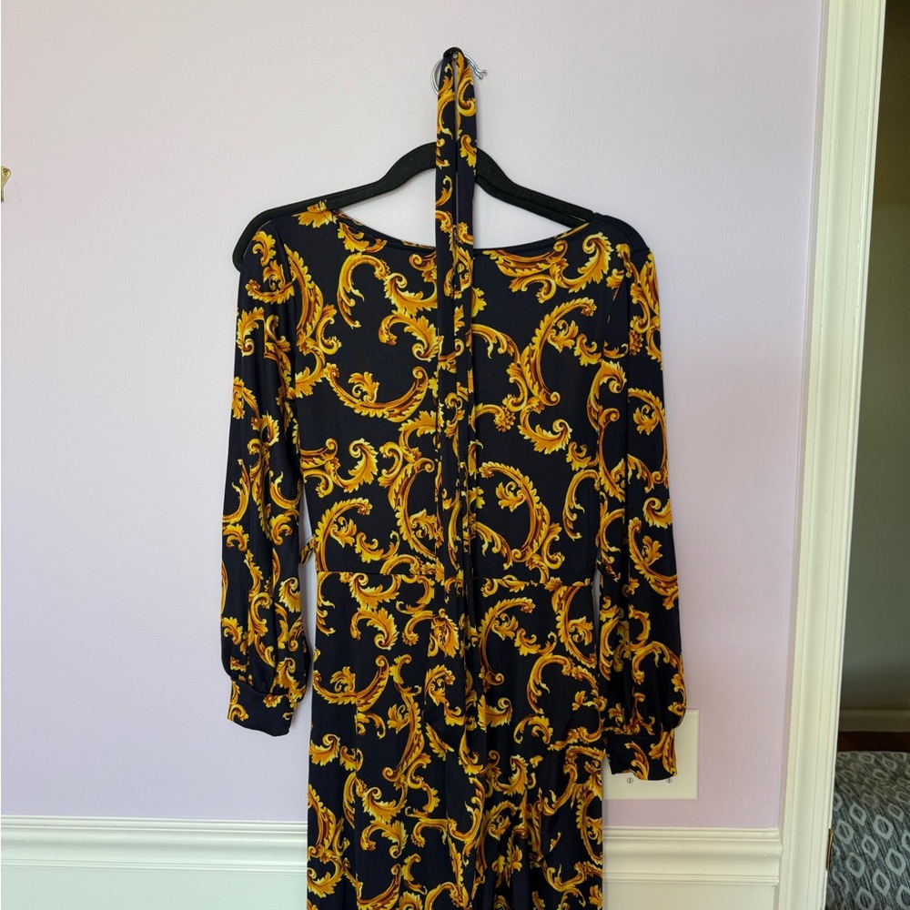 Black & Gold Baroque Print Long Sleeve Women’s Dress Versace-Inspired Pattern - Picture 6 of 6